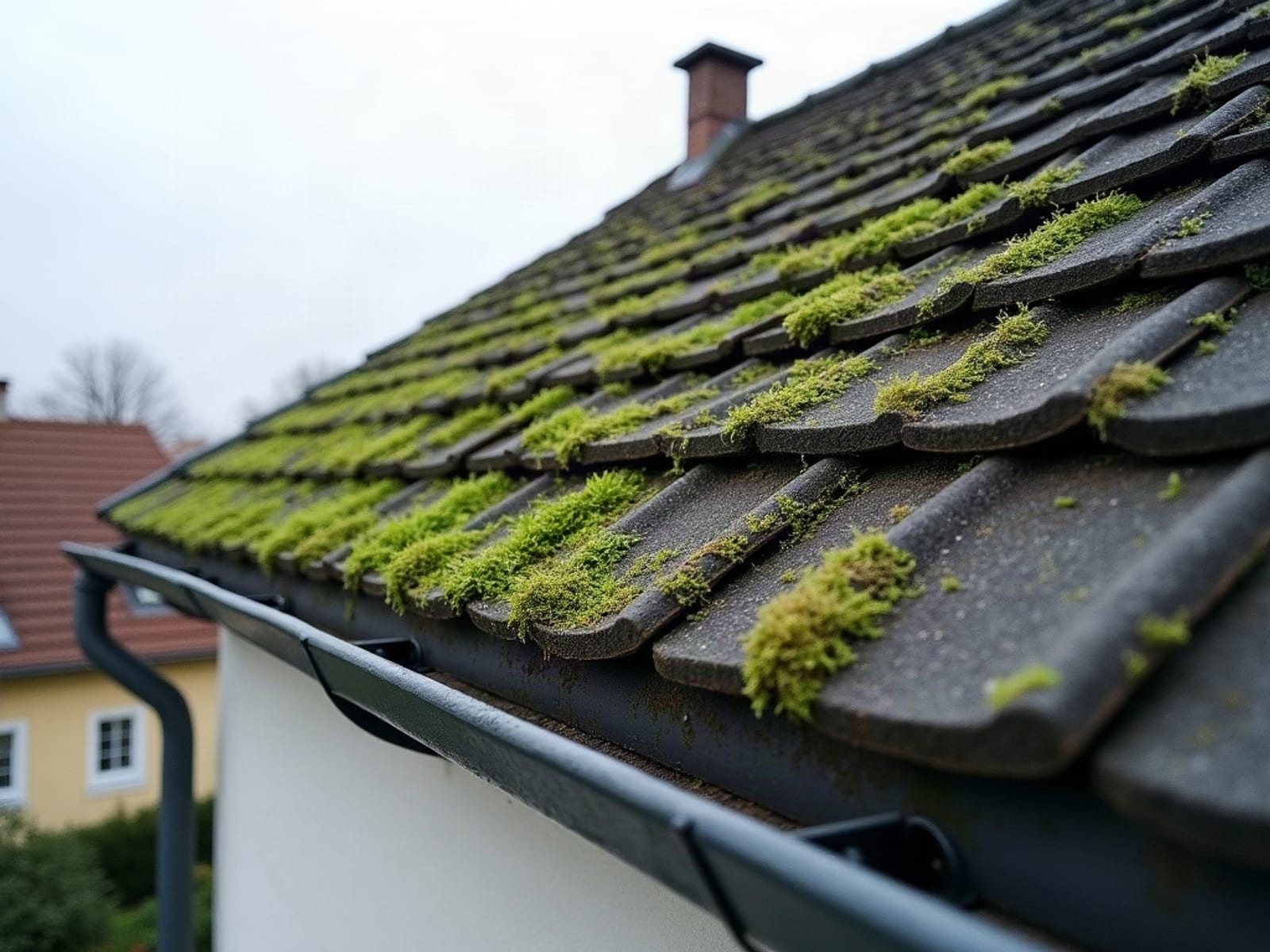 Betondachsteine mit Moosbewuchs – vor der Reinigung