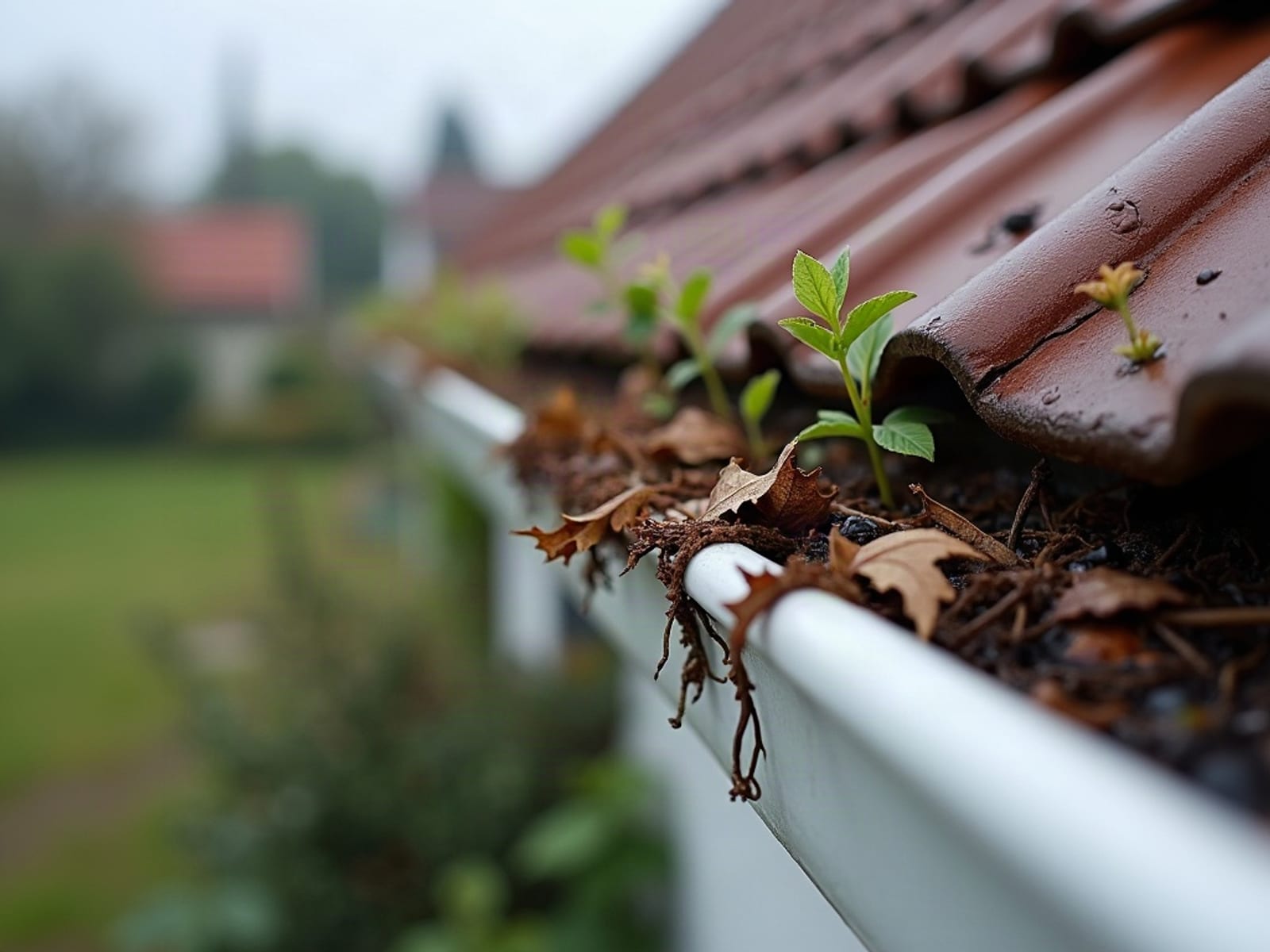 Dachrinne, vollständig mit Laub und Schlamm gefüllt – vor der Reinigung