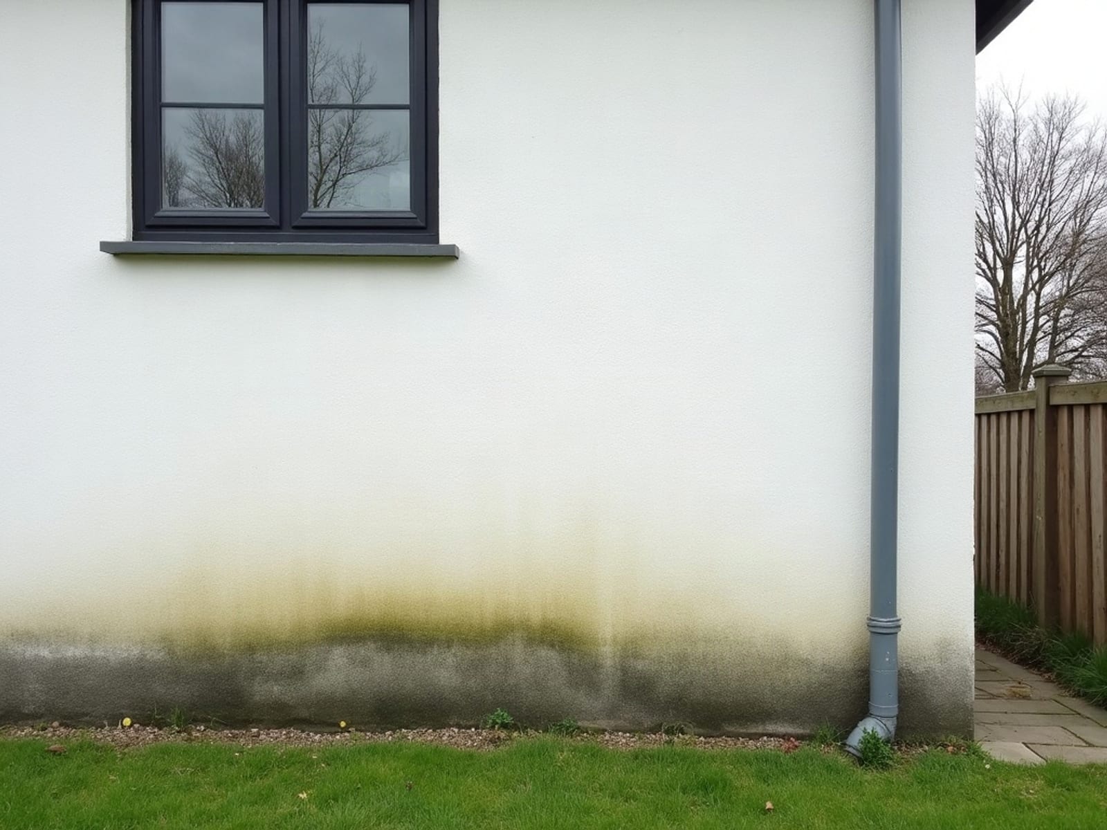 Nordseitige Putzfassade mit Algenbewuchs – vor der Reinigung