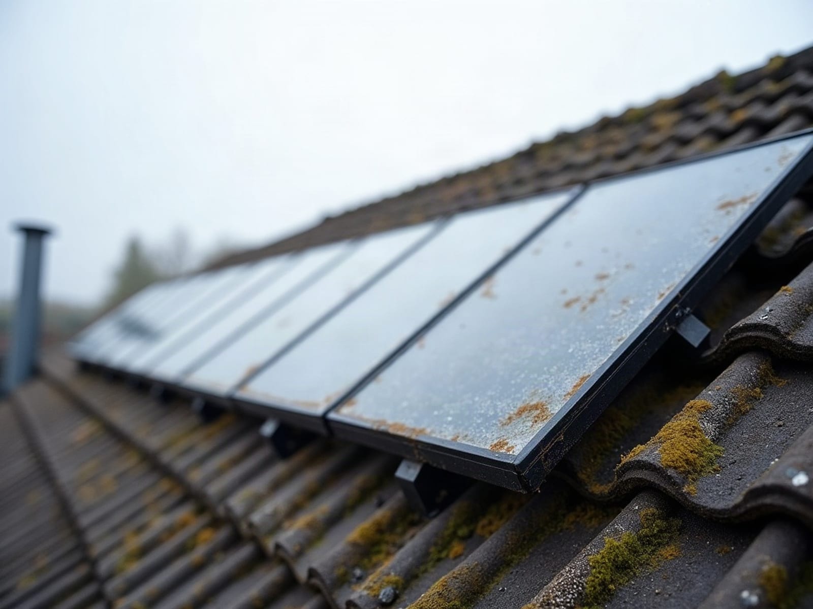 PV-Module mit Staubfilm und Mooskante – vor der Reinigung