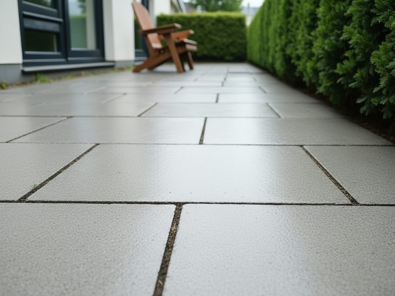 Betonplatten mit Algenfilm und bemoosten Fugen – nach der Reinigung