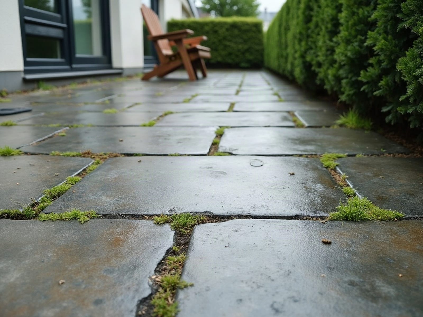 Betonplatten mit Algenfilm und bemoosten Fugen – vor der Reinigung